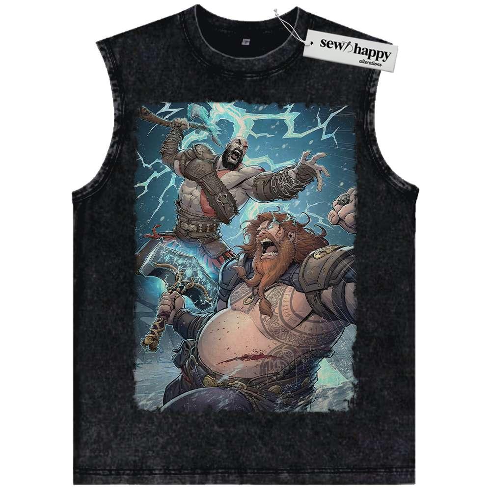 Wash Tank Top Kratos vs Thor Tank Top, God of War Tank Top, Game Tank Top, Vintage Tank Top