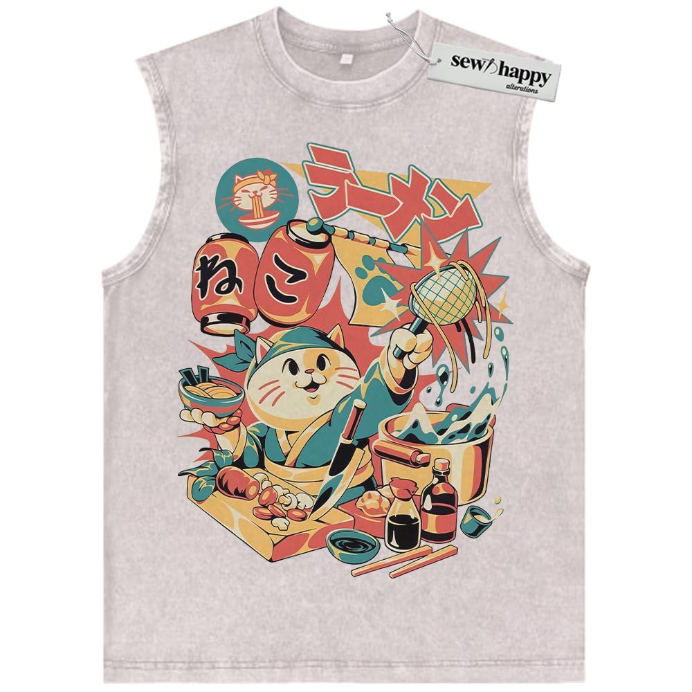 Wash Tank Top Neko Ramen Cat Tank Top, Japanese Streetwear Tank Top, Vintage Tank Top