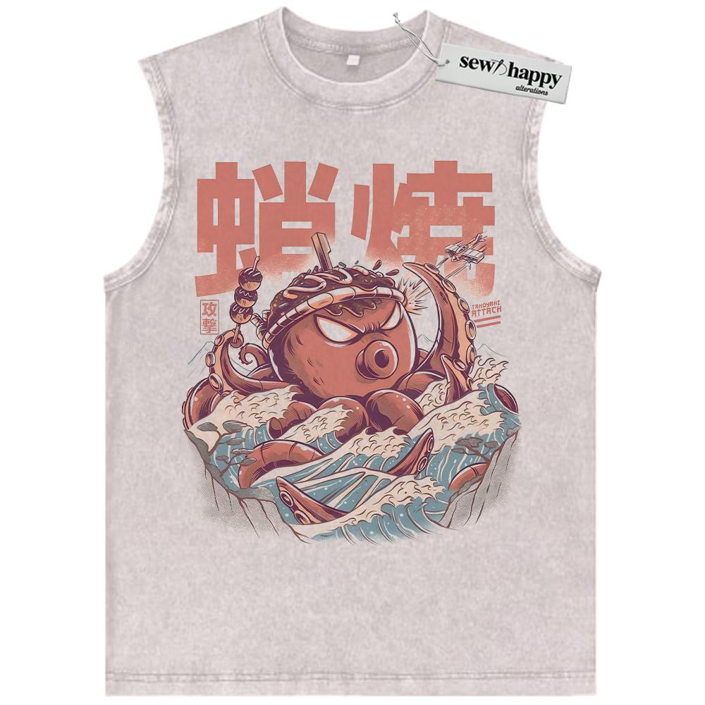 Wash Tank Top Octopus Kaiju Tank Top, Japanese Streetwear Tank Top, Vintage Tank Top