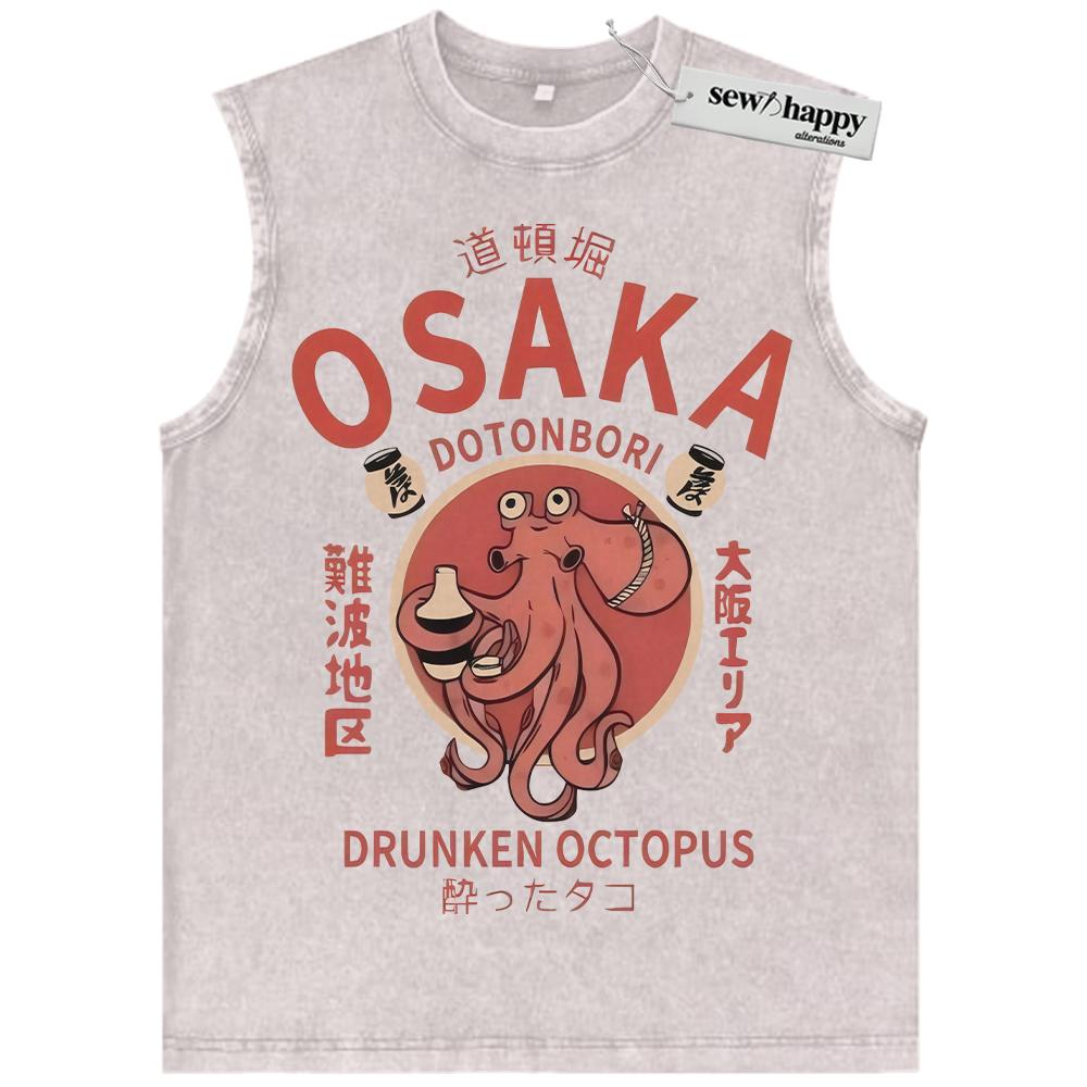 Wash Tank Top Osaka Dotonbori Drunken Octopus Tank Top, Japanese Streetwear Tank Top, Vintage Tank Top