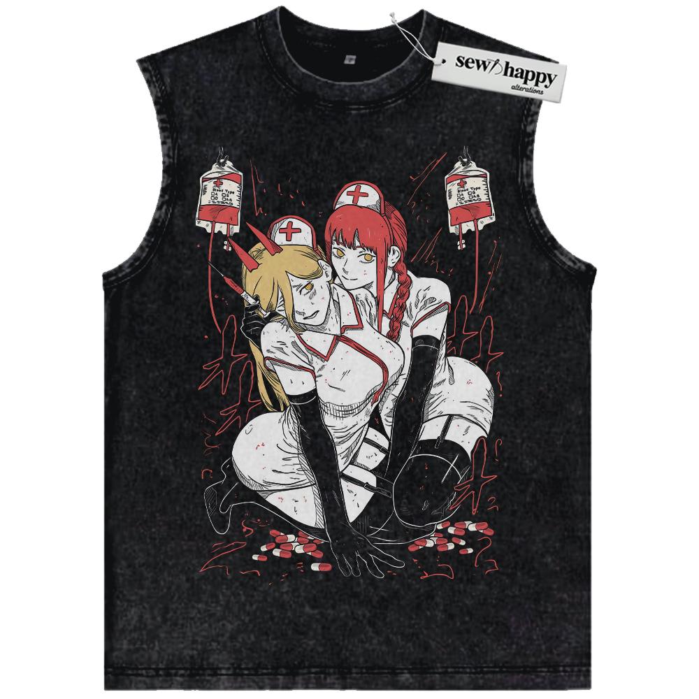 Wash Tank Top Power and Makima Tank Top, Chainsaw Man Tank Top, Anime Tank Top, Vintage Tank Top