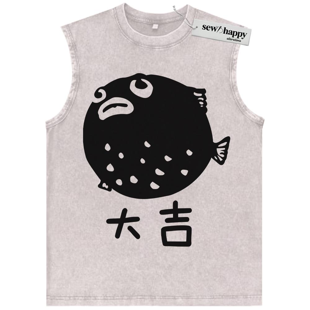 Wash Tank Top Pufferfish Tank Top, Japanese Streetwear Tank Top, Vintage Tank Top