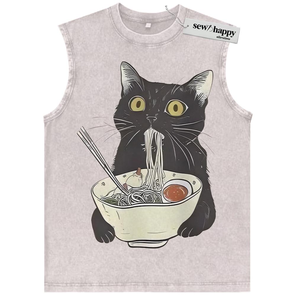 Wash Tank Top Ramen Cat Tank Top, Japanese Streetwear Tank Top, Vintage Tank Top