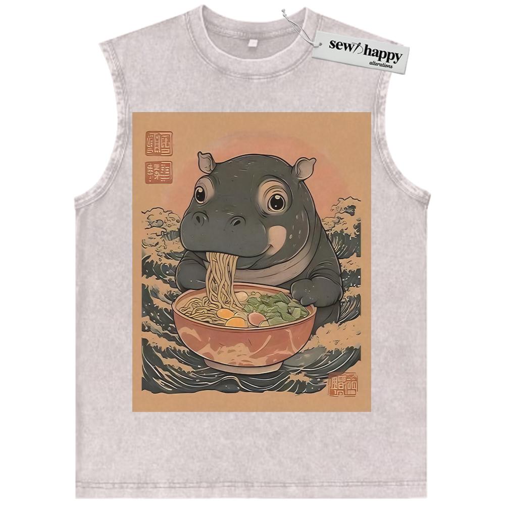 Wash Tank Top Ramen Hippo Tank Top, Japanese Streetwear Tank Top, Vintage Tank Top