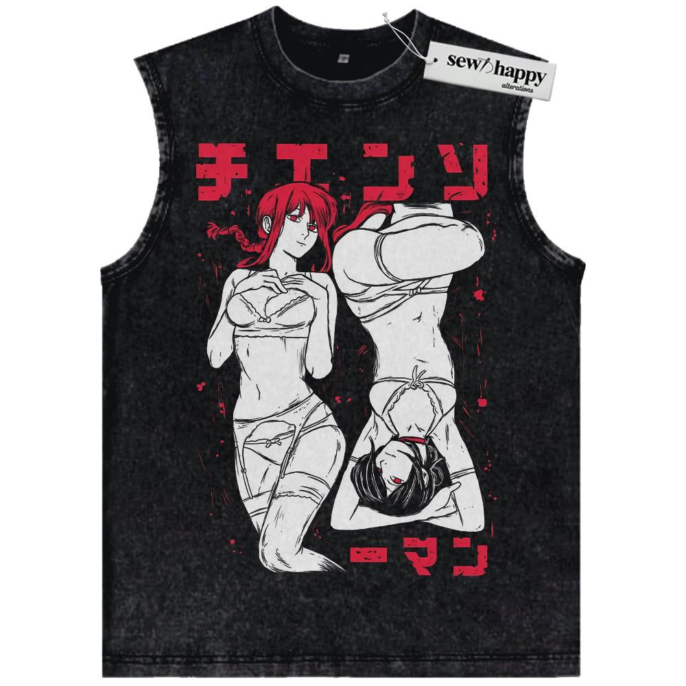 Wash Tank Top Reze and Makima Tank Top, Chainsaw Man Tank Top, Anime Tank Top, Vintage Tank Top