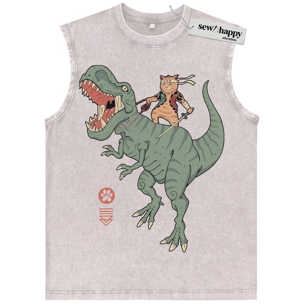 Wash Tank Top Samurai Cat Dinosaur Tank Top, Japanese Streetwear Tank Top, Vintage Tank Top