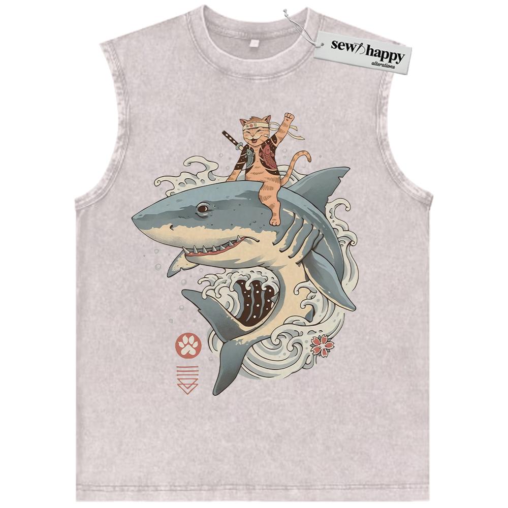 Wash Tank Top Samurai Cat Shark Tank Top, Japanese Streetwear Tank Top, Vintage Tank Top