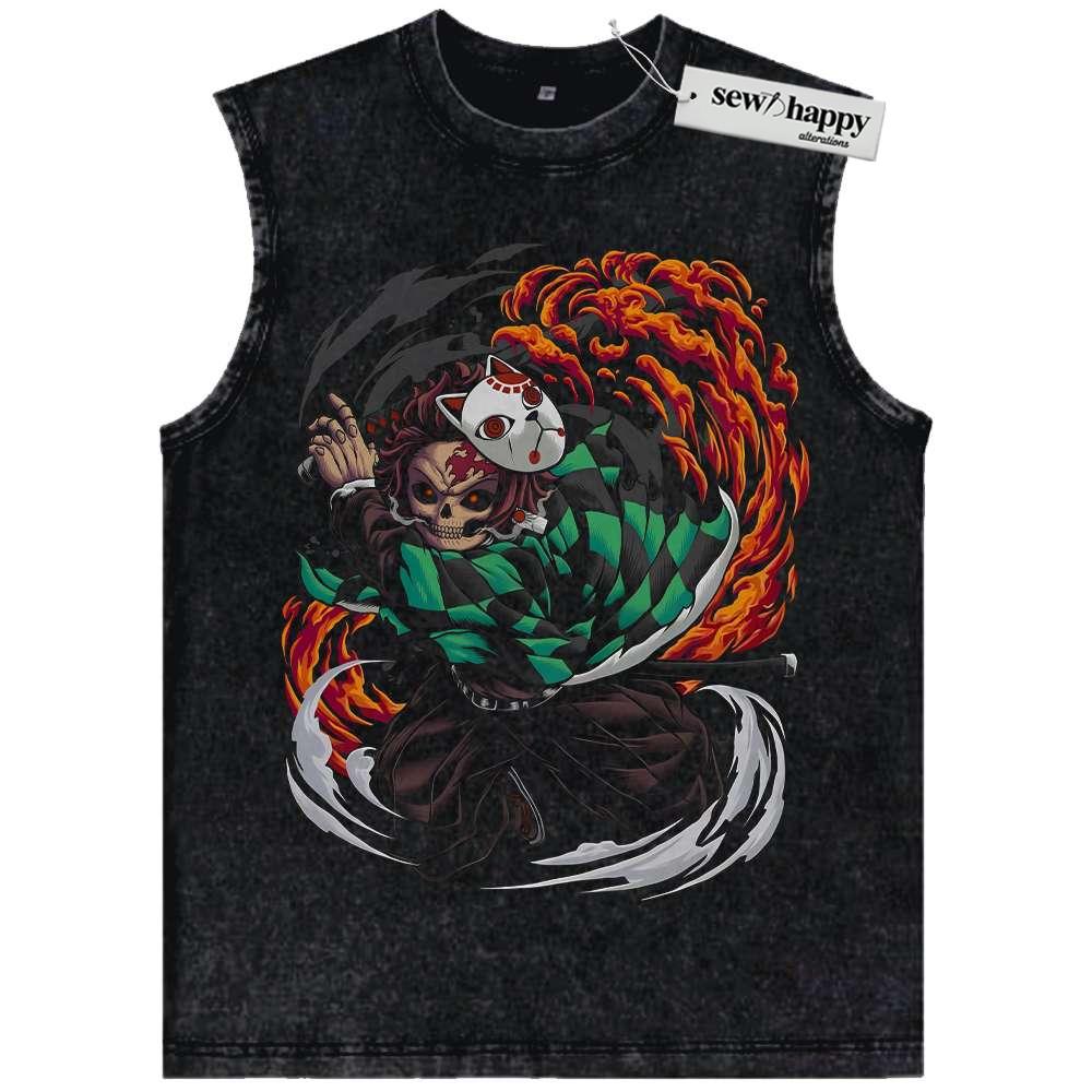 Wash Tank Top Skeleton Tanjiro Kamado Tank Top, Demon Slayer Tank Top, Anime Tank Top, Vintage Tank Top
