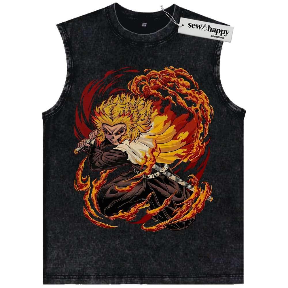 Wash Tank Top Skull Kyojuro Rengoku Tank Top, Demon Slayer Tank Top, Anime Tank Top, Vintage Tank Top