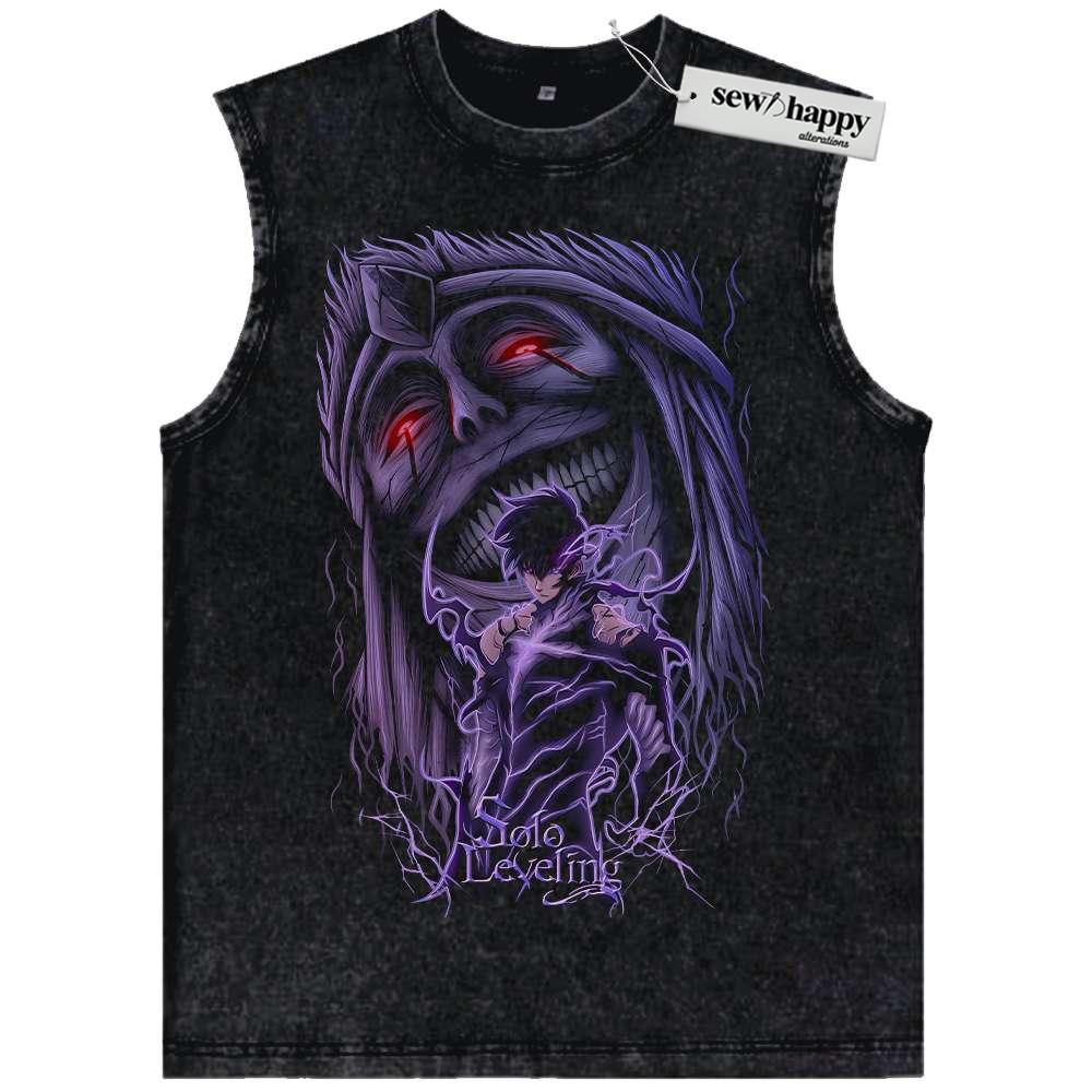 Wash Tank Top Sung Jinwoo vs Statue of God Tank Top, Solo Leveling Tank Top, Anime Tank Top, Vintage Tank Top