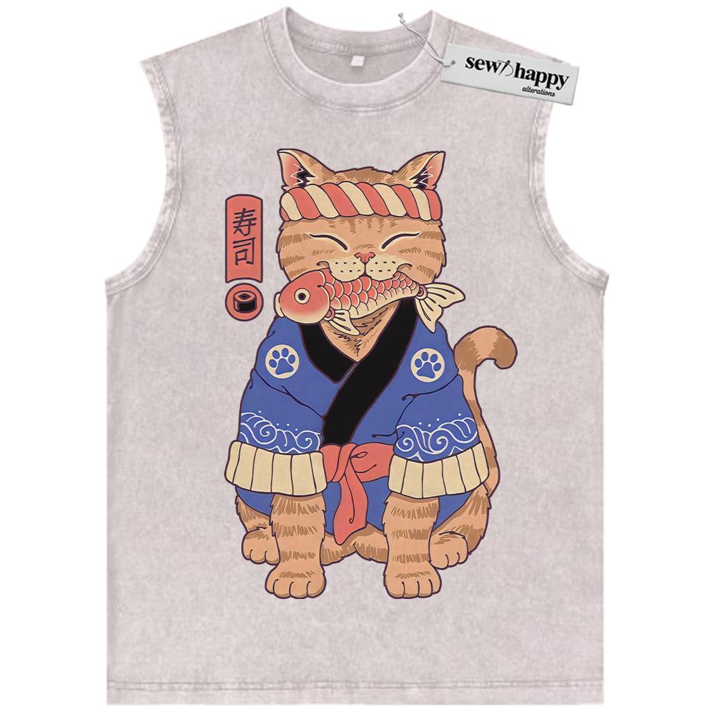 Wash Tank Top Sushi Cat Tank Top, Japanese Streetwear Tank Top, Vintage Tank Top