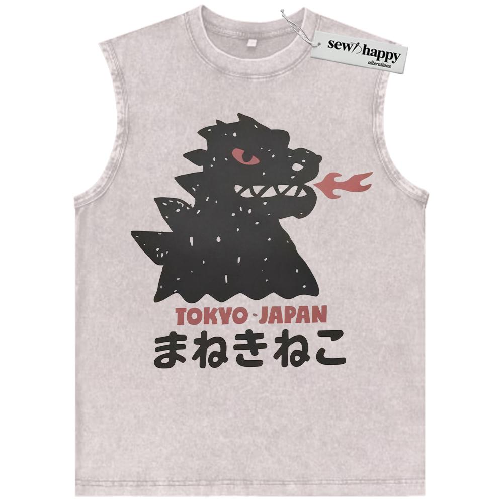 Wash Tank Top Tokyo Japan Kaiju Tank Top, Japanese Streetwear Tank Top, Vintage Tank Top