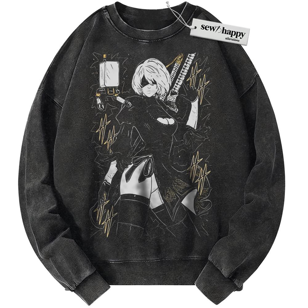 Wash Sweatshirt 2B Sweatshirt, NieR:Automata Sweatshirt, Game Sweatshirt, Vintage Sweater