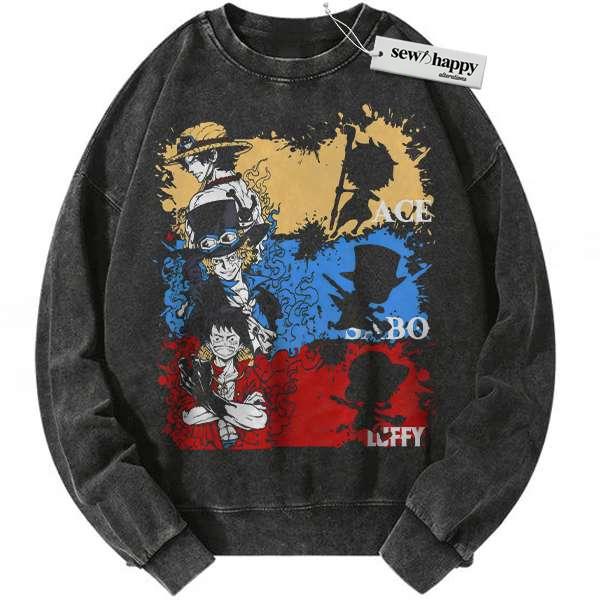 Wash Sweatshirt Ace Sweatshirt, Sabo Sweatshirt, Luffy Sweatshirt, One Piece Sweatshirt, Anime Sweatshirt, Vintage Sweater