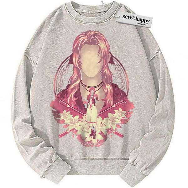 Wash Sweatshirt Aerith Gainsborough Sweatshirt, Final Fantasy Sweatshirt, Game Sweatshirt, Vintage Sweatshirt
