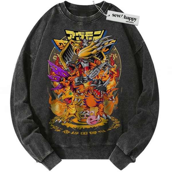Wash Sweatshirt Agumon Sweatshirt, Greymon Sweatshirt, Digimon Sweatshirt, Anime Sweatshirt, Vintage Sweater