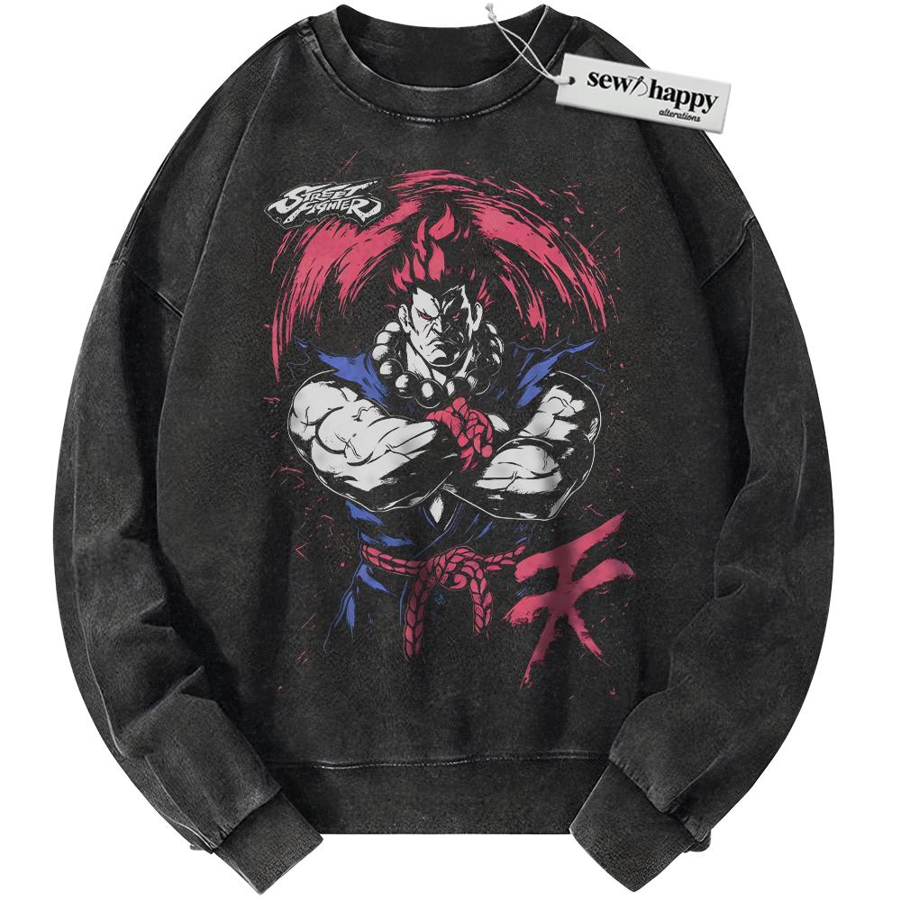 Wash Sweatshirt Akuma Sweatshirt, Street Fighter Sweatshirt, Game Sweatshirt, Vintage Sweater