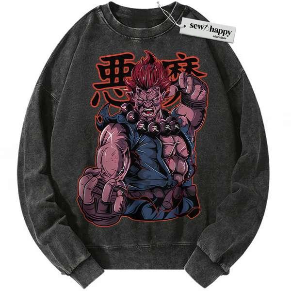 Wash Sweatshirt Akuma Sweatshirt, Street Fighter Sweatshirt, Game Sweatshirt, Vintage Sweater
