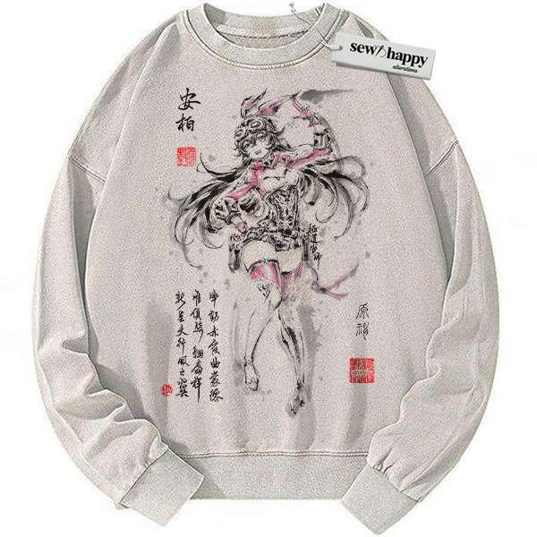 Wash Sweatshirt Amber Sweatshirt, Genshin Impact Sweatshirt, Game Sweatshirt, Vintage Sweatshirt