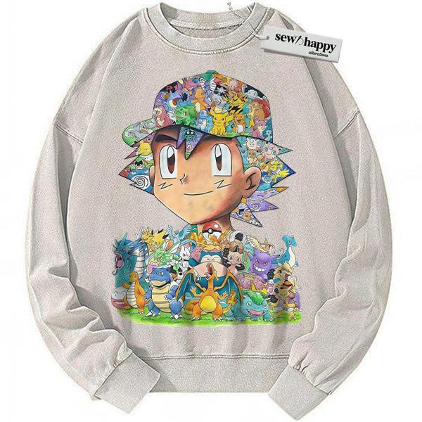 Wash Sweatshirt Ash Ketchum Sweatshirt, Pokemon Sweatshirt, PKM Sweatshirt, Anime Sweatshirt, Vintage Sweatshirt