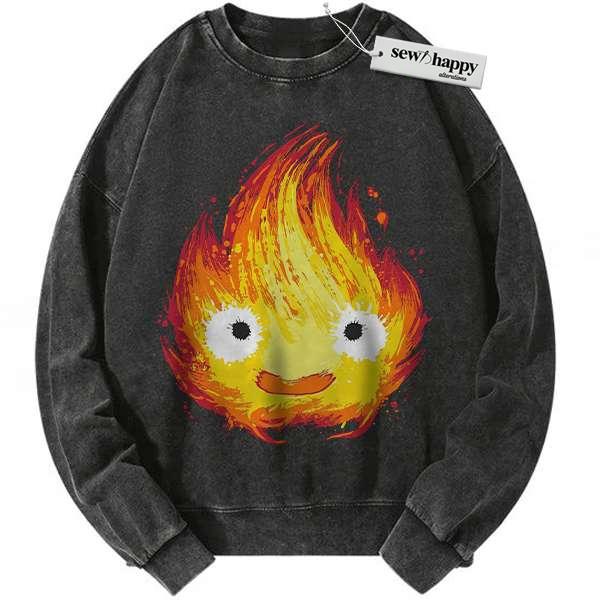Wash Sweatshirt Calcifer Sweatshirt, Howl's Moving Castle Sweatshirt, Studio Ghibli Sweatshirt, Anime Sweatshirt, Vintage Sweater Wash Sweatshirt Calcifer Sweatshirt, Howl's Moving Castle Sweatshirt, Studio Ghibli Sweatshirt, Anime Sweatshirt, Vintage Sweater - Image 1