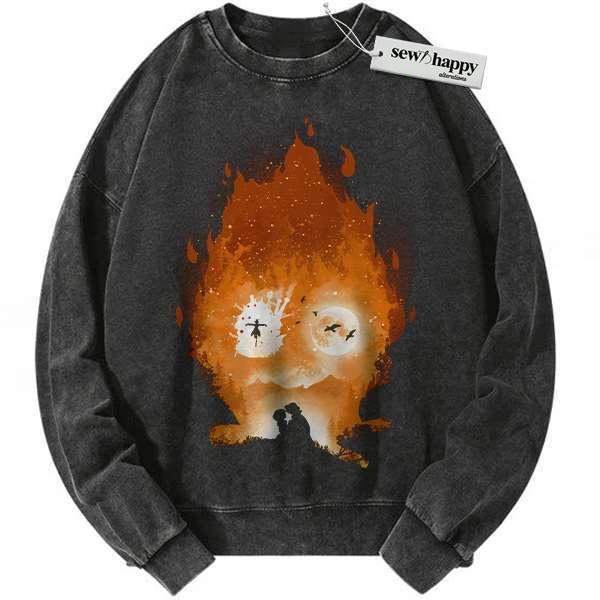 Wash Sweatshirt Calcifer Sweatshirt, Howl's Moving Castle Sweatshirt, Studio Ghibli Sweatshirt, Anime Sweatshirt, Vintage Sweatshirt