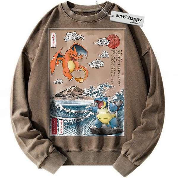 Wash Sweatshirt Charizard vs Blastoise Sweatshirt, Pokemon Sweatshirt, Anime Sweatshirt, Vintage Sweater