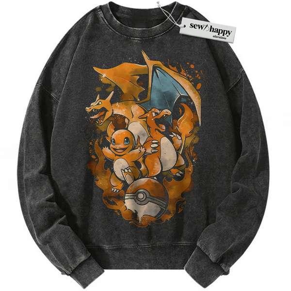Wash Sweatshirt Charmander - Charmeleon - Charizard Sweatshirt, Pokemon Sweatshirt, Anime Sweatshirt, Vintage Sweatshirt