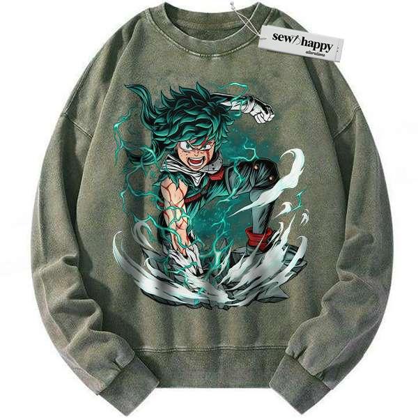 Wash Sweatshirt Deku Sweatshirt, Izuku Midoriya Sweatshirt, MHA Sweatshirt, Anime Sweatshirt, Vintage Sweatshirt