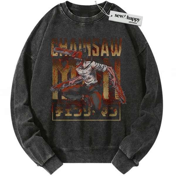 Wash Sweatshirt Denji - Chainsaw Devil Sweatshirt, Chainsaw Man Sweatshirt, Anime Sweatshirt, Vintage Sweatshirt