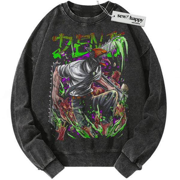 Wash Sweatshirt Denji Sweatshirt, Chainsaw Devil Sweatshirt, Chainsaw Man Sweatshirt, Anime Sweatshirt, Vintage Sweatshirt