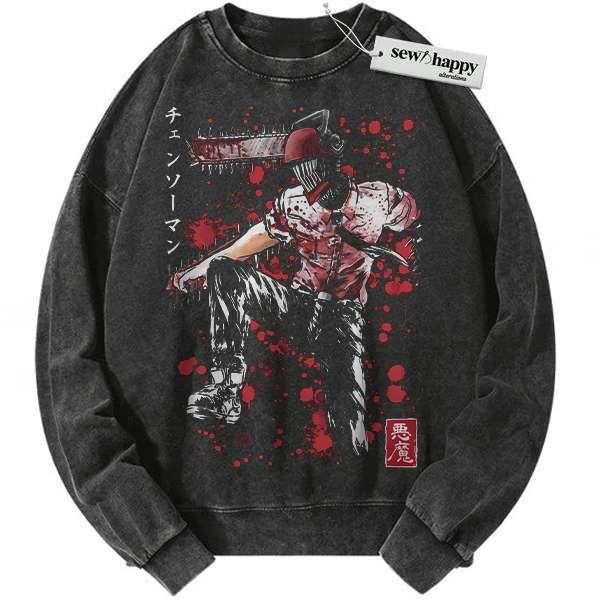 Wash Sweatshirt Denji Sweatshirt, Chainsaw Man Sweatshirt, Anime Sweatshirt, Vintage Sweater