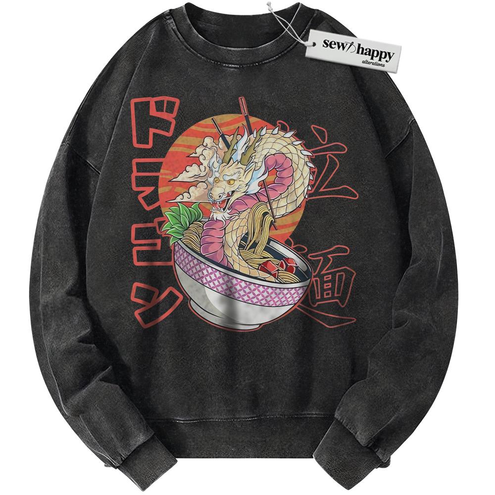 Wash Sweatshirt Dragon Ramen Sweatshirt, Japanese Streetwear Sweatshirt, Vintage Sweater