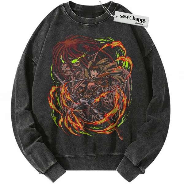 Wash Sweatshirt Eren Yeager Sweatshirt, Attack On Titan Sweatshirt, AOT Sweatshirt, Anime Sweatshirt, Vintage Sweater