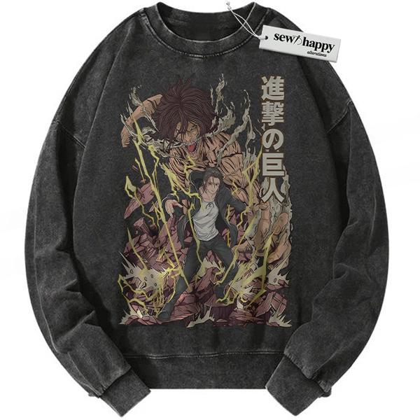 Wash Sweatshirt Eren Yeager Sweatshirt, Attack On Titan Sweatshirt, AOT Sweatshirt, Anime Sweatshirt, Vintage Sweatshirt