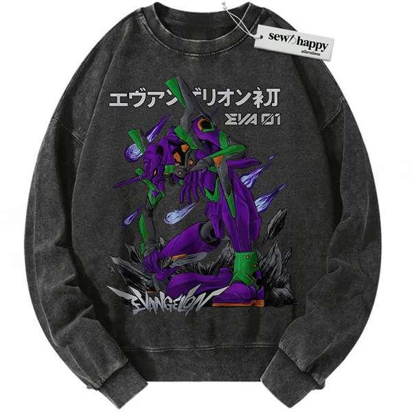 Wash Sweatshirt Eva-01 Sweatshirt, Neon Genesis Evangelion Sweatshirt, Anime Sweatshirt, Vintage Sweater