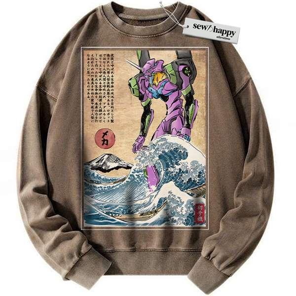 Wash Sweatshirt EVA-02 Sweatshirt, Neon Genesis Evangelion Sweatshirt, Anime Sweatshirt, Vintage Sweatshirt