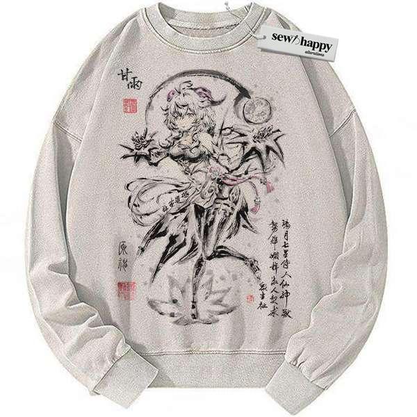 Wash Sweatshirt Ganyu Sweatshirt, Genshin Impact Sweatshirt, Game Sweatshirt, Vintage Sweater