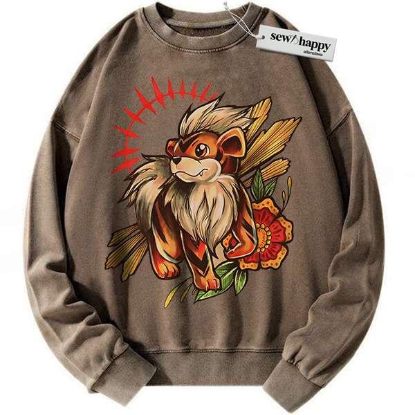 Wash Sweatshirt Growlithe Sweatshirt, Pokemon Sweatshirt, PKM Sweatshirt, Anime Sweatshirt, Vintage Sweatshirt