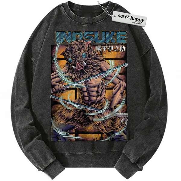 Wash Sweatshirt Inosuke Hashibira Sweatshirt, Demon Slayer Sweatshirt, Anime Sweatshirt, Vintage Sweater