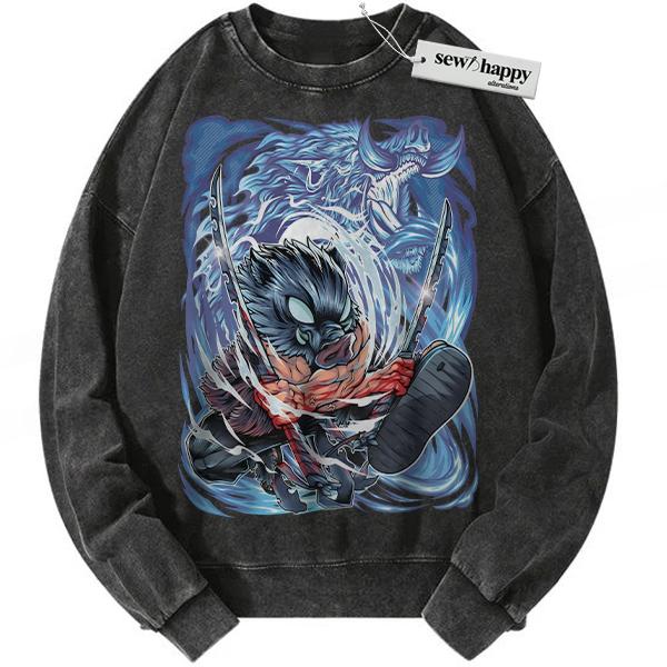 Wash Sweatshirt Inosuke Hashibira Sweatshirt, Demon Slayer Sweatshirt, Anime Sweatshirt, Vintage Sweater