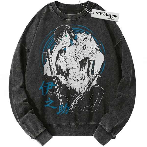 Wash Sweatshirt Inosuke Hashibira Sweatshirt, Demon Slayer Sweatshirt, Anime Sweatshirt, Vintage Sweater