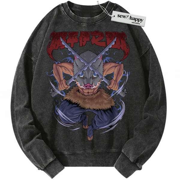 Wash Sweatshirt Inosuke Hashibira Sweatshirt, Demon Slayer Sweatshirt, Anime Sweatshirt, Vintage Sweater