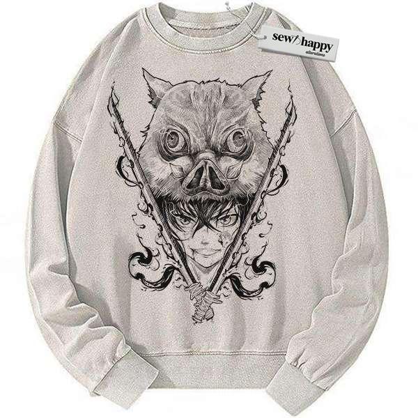 Wash Sweatshirt Inosuke Hashibira Sweatshirt, Demon Slayer Sweatshirt, Anime Sweatshirt, Vintage Sweater