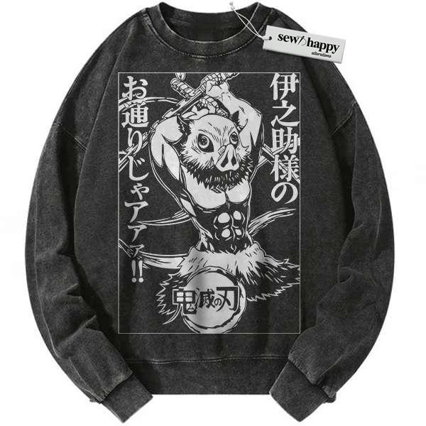 Wash Sweatshirt Inosuke Hashibira Sweatshirt, Demon Slayer Sweatshirt, Anime Sweatshirt, Vintage Sweater