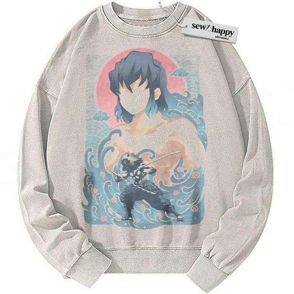 Wash Sweatshirt Inosuke Hashibira Sweatshirt, Demon Slayer Sweatshirt, Anime Sweatshirt, Vintage Sweatshirt