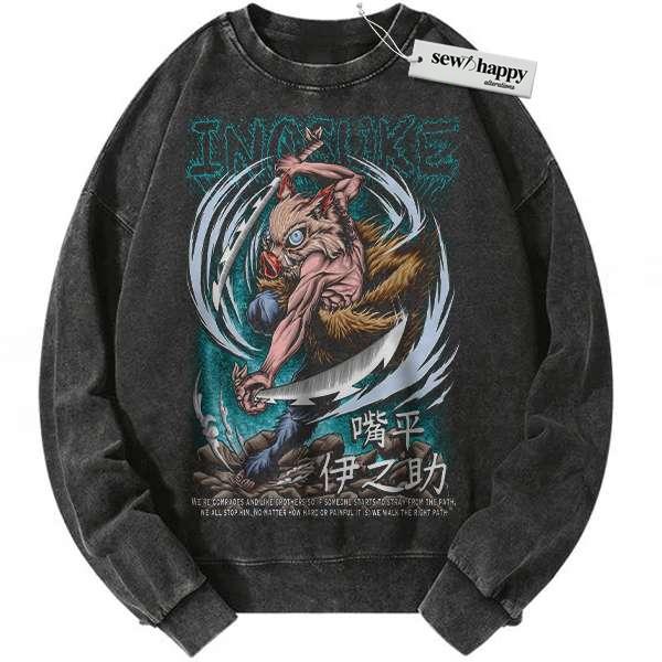 Wash Sweatshirt Inosuke Hashibira Sweatshirt, Demon Slayer Sweatshirt, Anime Sweatshirt, Vintage Sweatshirt