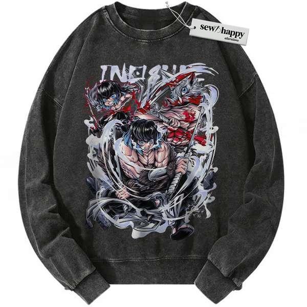Wash Sweatshirt Inosuke Hashibira Sweatshirt, Demon Slayer Sweatshirt, Anime Sweatshirt, Vintage Sweatshirt