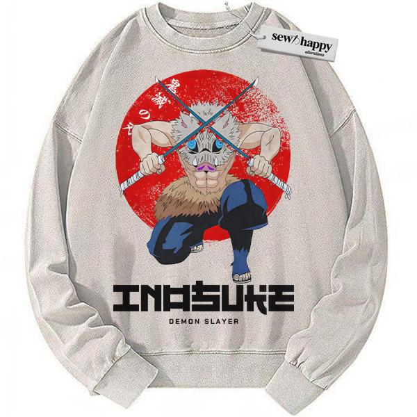 Wash Sweatshirt Inosuke Hashibira Sweatshirt, Demon Slayer Sweatshirt, Anime Sweatshirt, Vintage Sweatshirt