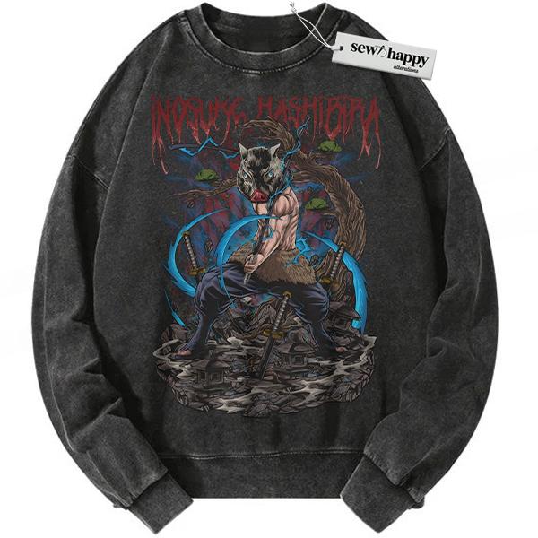 Wash Sweatshirt Inosuke Hashibira Sweatshirt, Demon Slayer Sweatshirt, Anime Sweatshirt, Vintage Sweatshirt